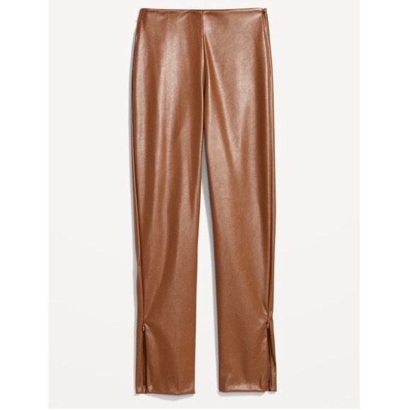 NWT Old Navy Extra High Waisted Zipper Ankle Faux Leather Pants Cognac Brown - Picture 2 of 7